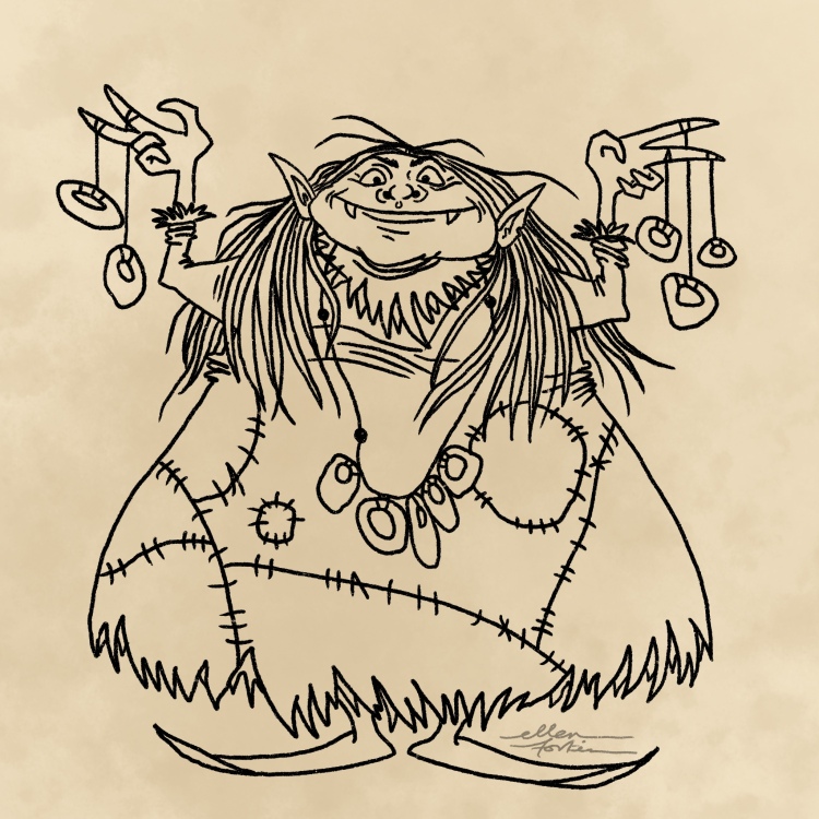 A digital drawing of a faerie with long hair and pointed teeth and ears holding up six hag stones. The lines of the drawing are black on a light tan background.